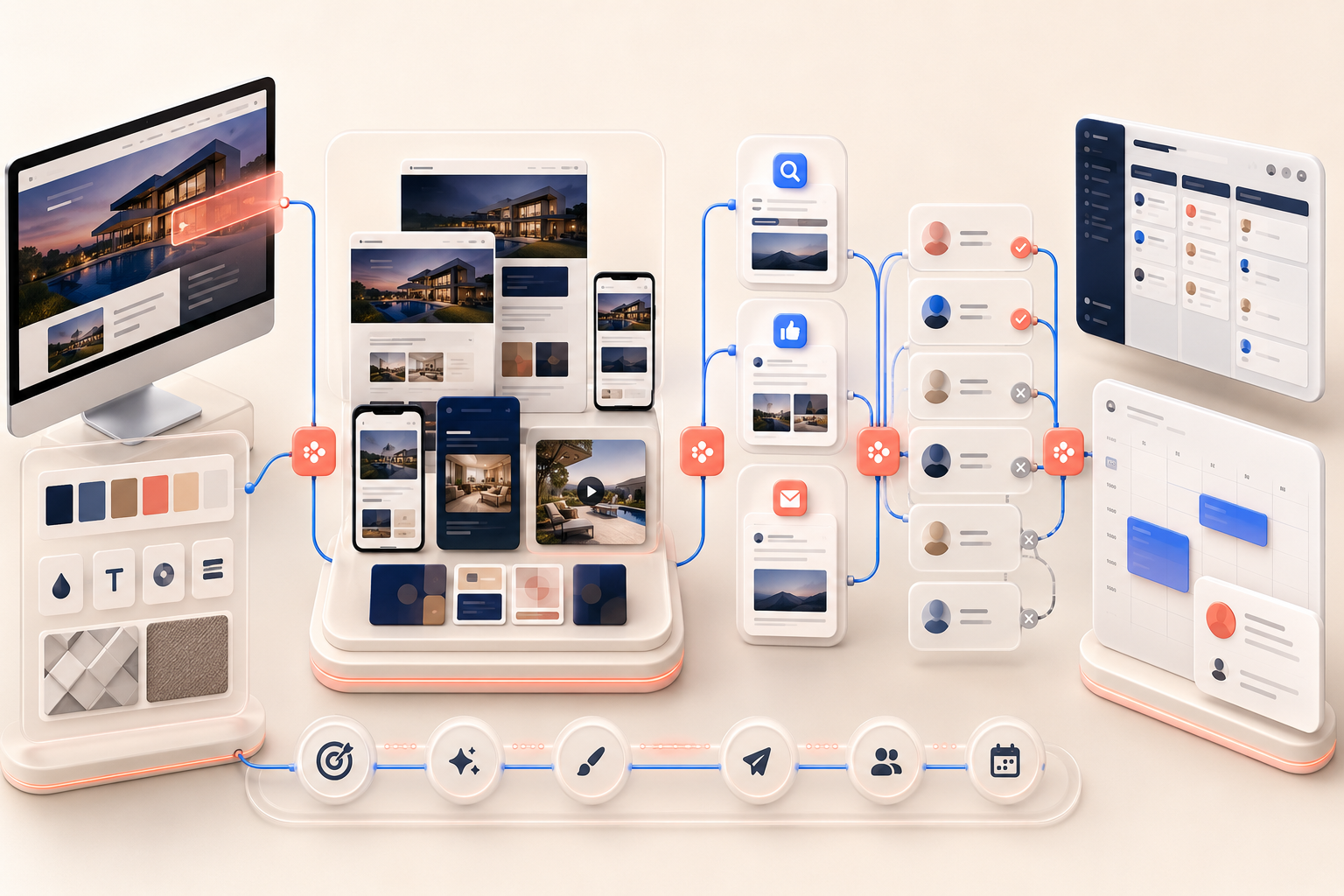 A connected system creating designs, launching campaigns and qualifying leads